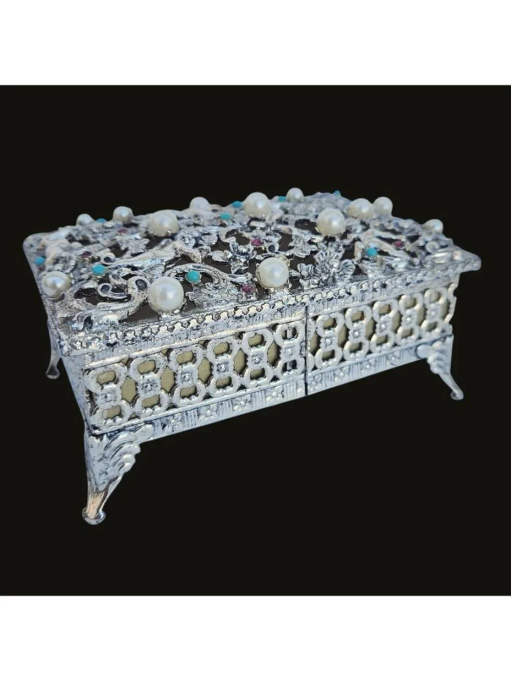 Vintage Hollywood Regency Gold Tone Filigree Jewelry Box Faux Pearl Turquoise